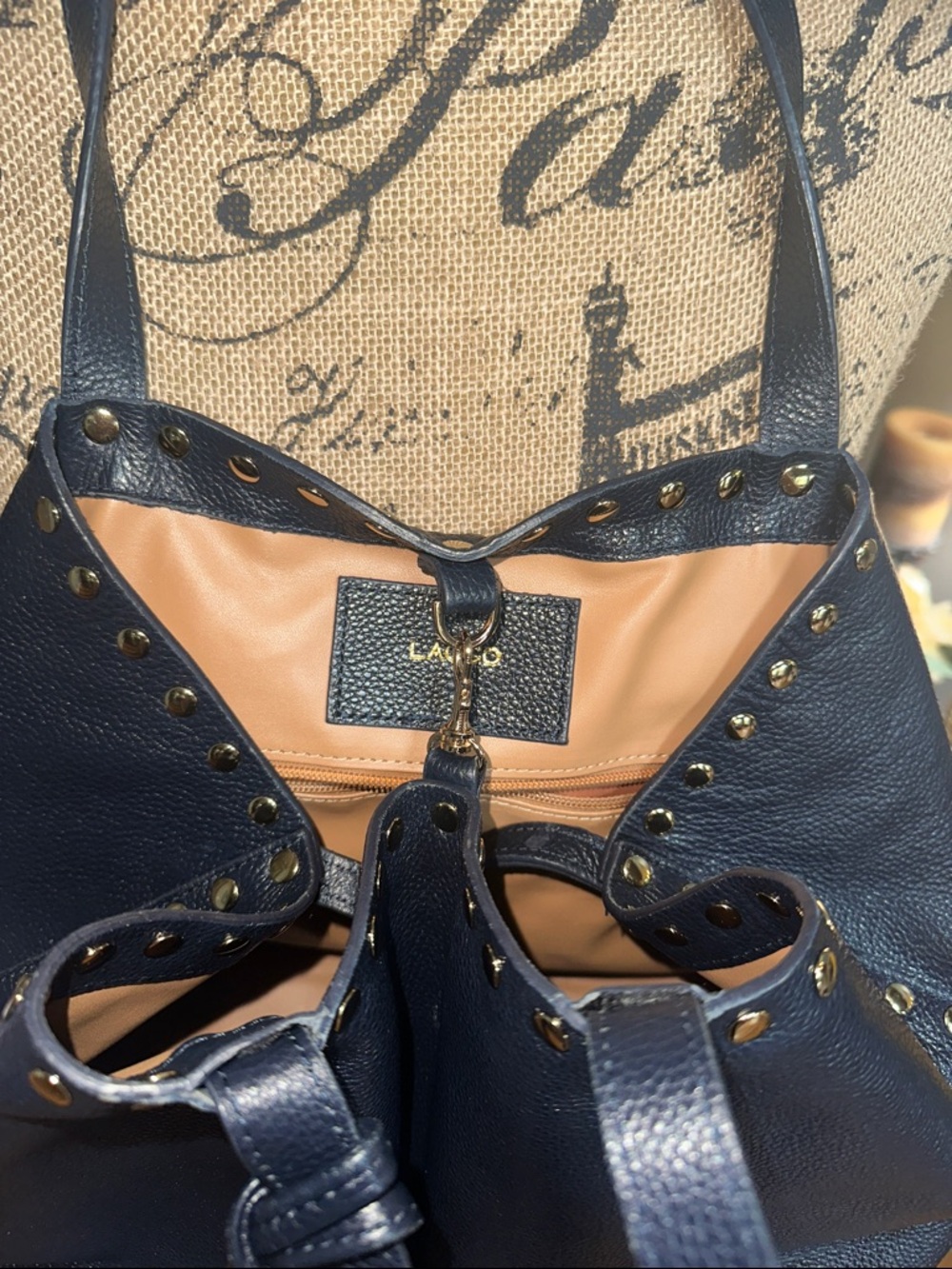 Laggo Pebbled Navy Leather Tassel Tote